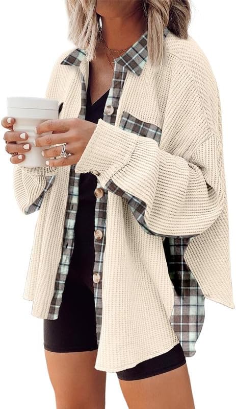 SHEWIN Womens Waffle Knit Plaid Shacket for Stylish Comfort