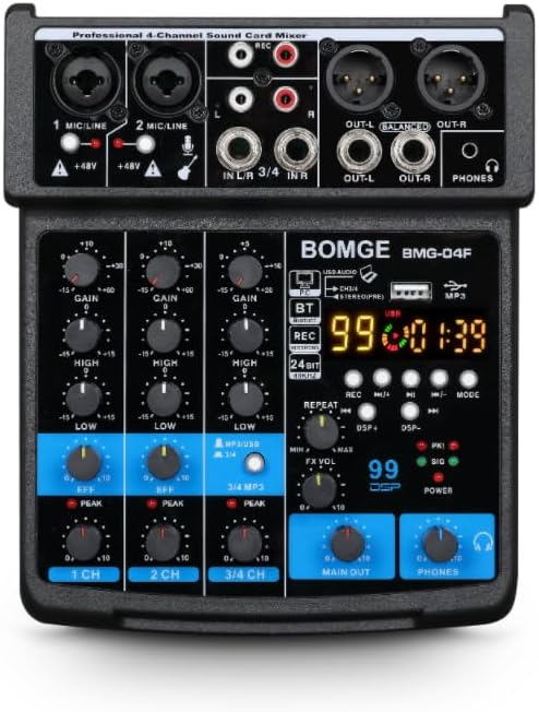 BOMGE 4 Channel Mini DJ Audio Mixer with Bluetooth and USB