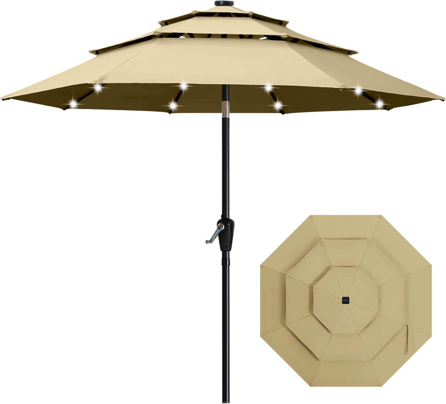 3-Tiers 9FT Solar Patio Umbrella with LED Lights for Outdoor