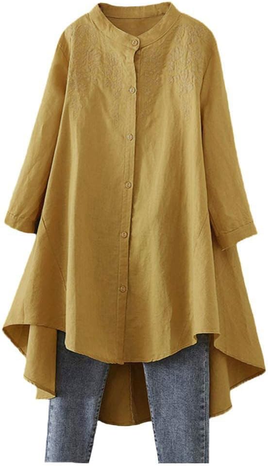 Minibee Women's Cotton Linen Shirt High Low Embroidered Blouse