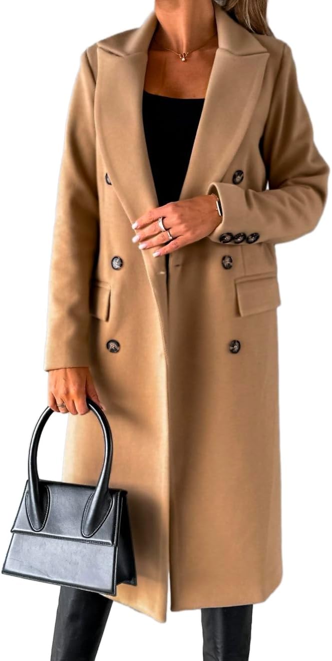 Womens Long Wool Coat Double Breasted Trench Coat for Winter