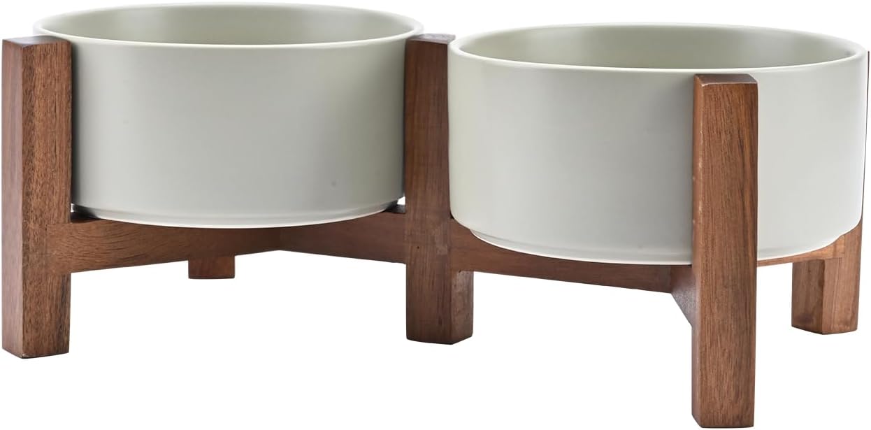 Ceramic Dog Bowls with Acacia Wood Stand for Medium Dogs
