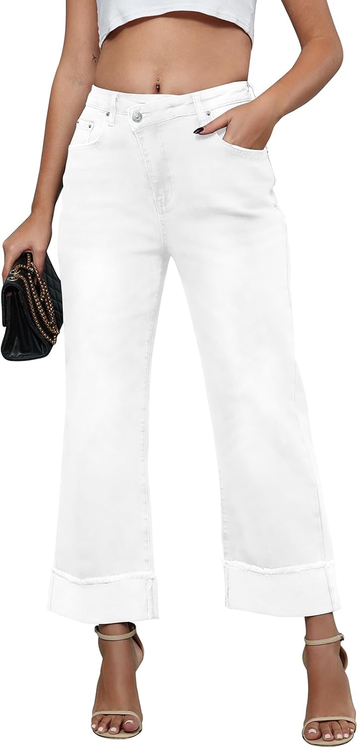 Genleck Wide Leg Cropped Jeans for Women - Trendy High Waisted