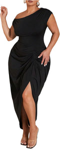 Plus Size Asymmetrical Neck Long Dress for Women - Ruched Slit Hem
