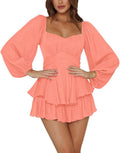 LYANER Women's Lantern Sleeve Ruffle Tie Mini Jumpsuit - Flattering be