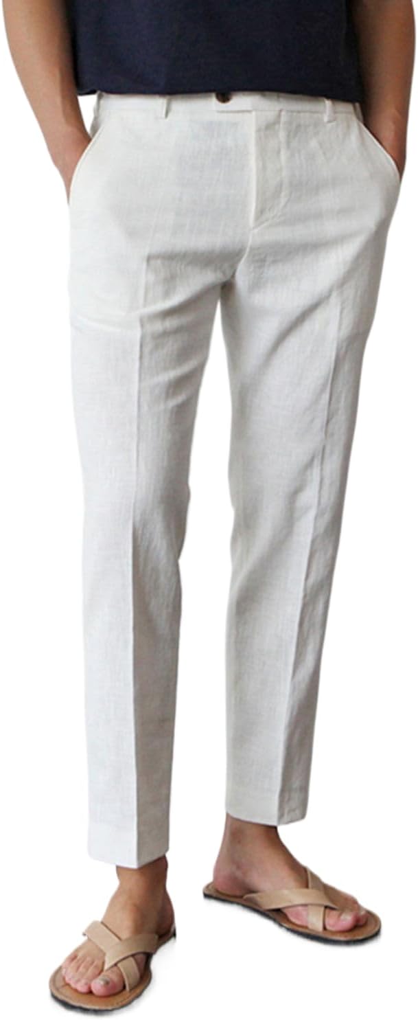 Slim Fit Linen Pants for Men with Elastic Waistband for Summer