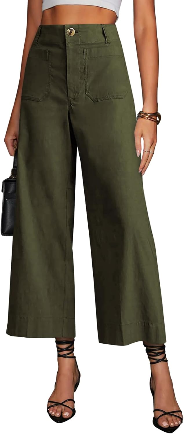 High Waisted Cropped Wide Leg Stretchy Pants with Pockets