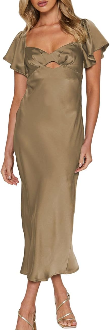 Summer Satin Flutter Sleeve Wedding Guest Dresses for Women