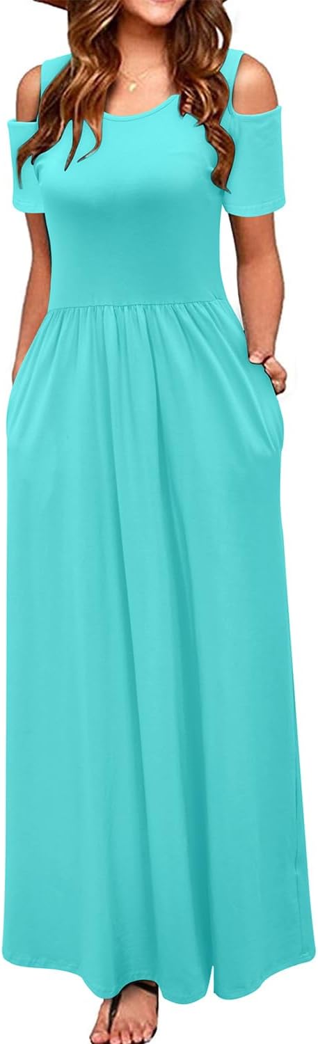 STYLEWORD Women's Cold Shoulder Maxi Dress with Pockets for Summer