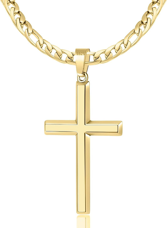 S925 Sterling Silver Beveled Edge Cross Necklace for Men Women