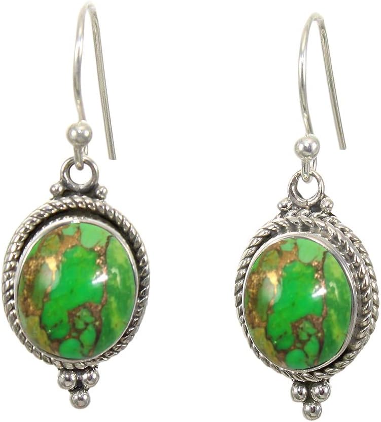 925 Sterling Silver Dangle Drop Earrings with Green Copper Turquoise