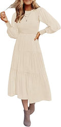 Women's Casual Long Sleeve Smocked High Waist Midi Dress - Flowy