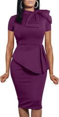LAGSHIAN Women Peplum Bodycon Bow Ruffle Pencil Dress - Flattering Fit