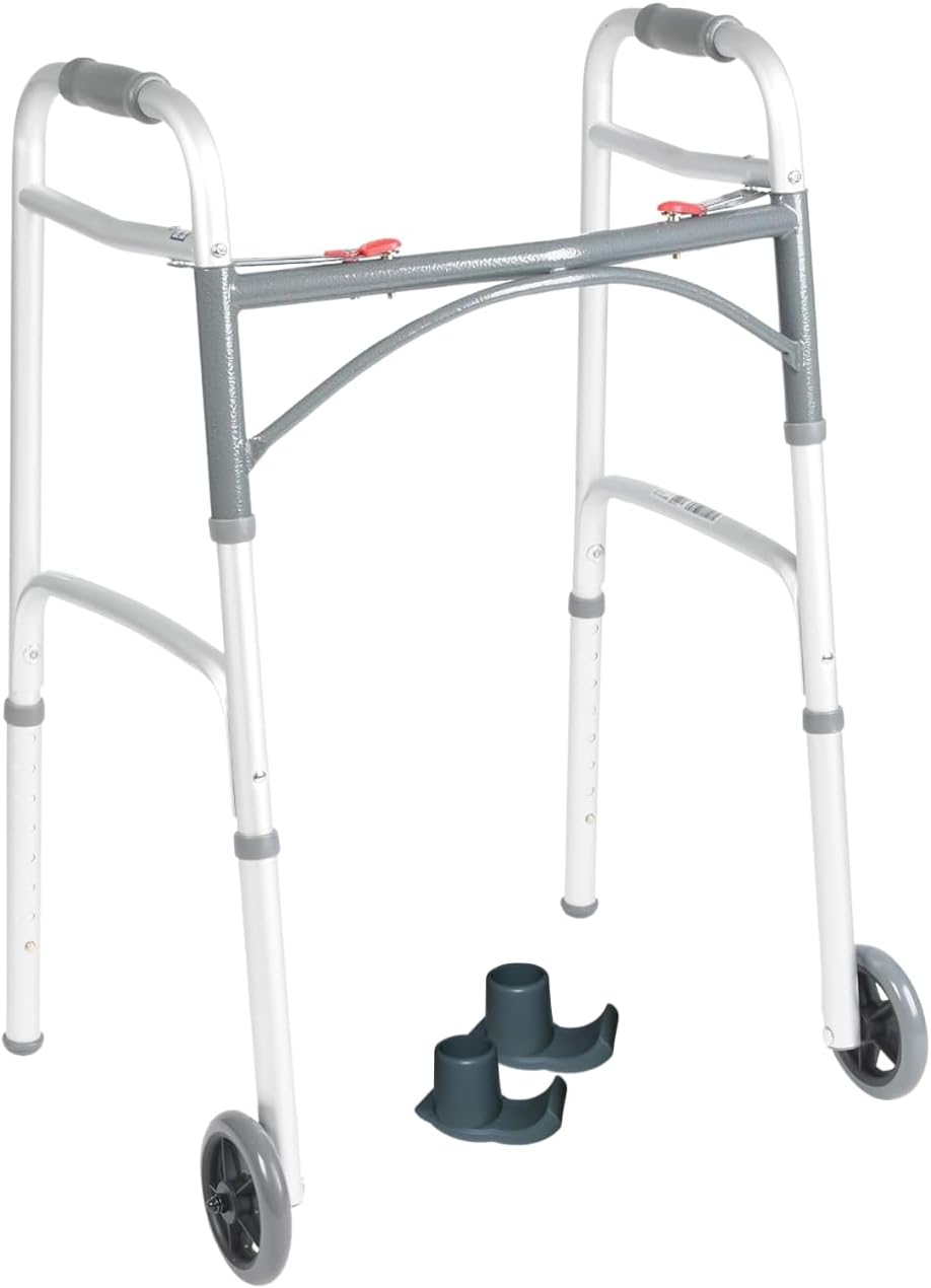 Drive Medical 2-Button Folding Walker with Wheels and Ski Glides