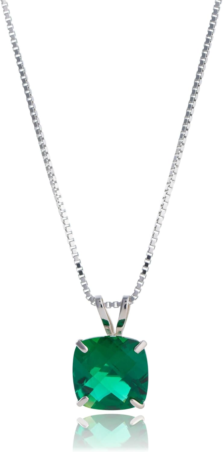 Cushion Cut Emerald Necklace with 14K Gold Box Chain for Women