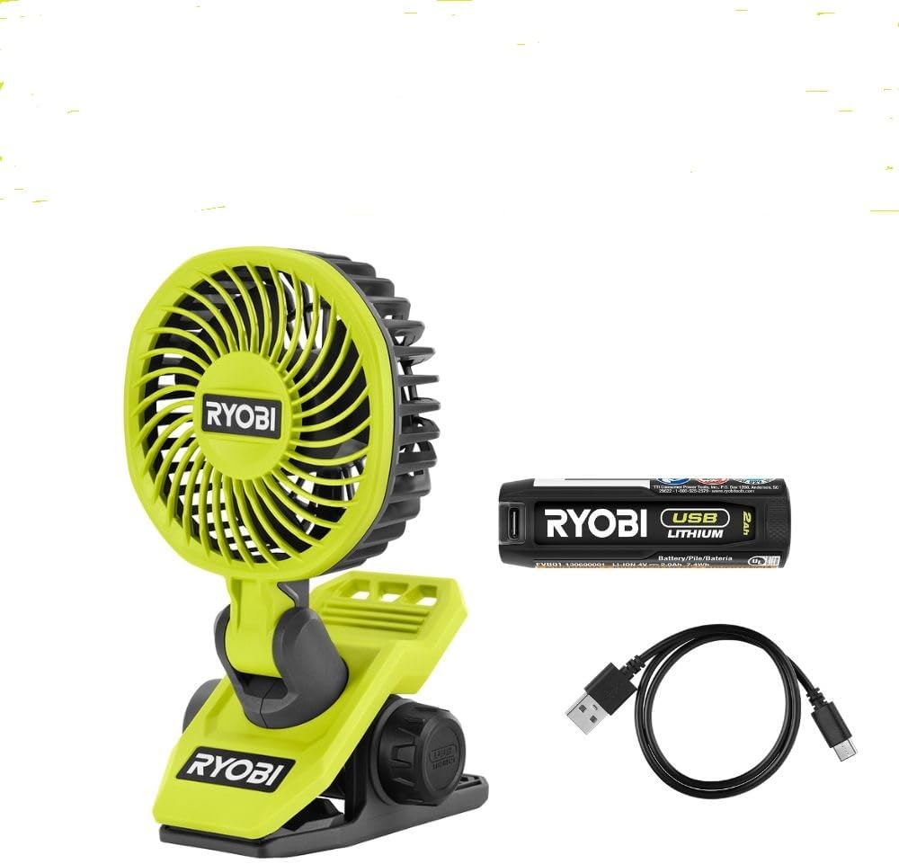 RYOBI USB Lithium Clamp Fan Kit with 2 Speed Settings and Battery