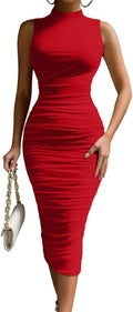 Women's Sexy Bodycon High Neck Sleeveless Ruched Midi Dress - Stretchy