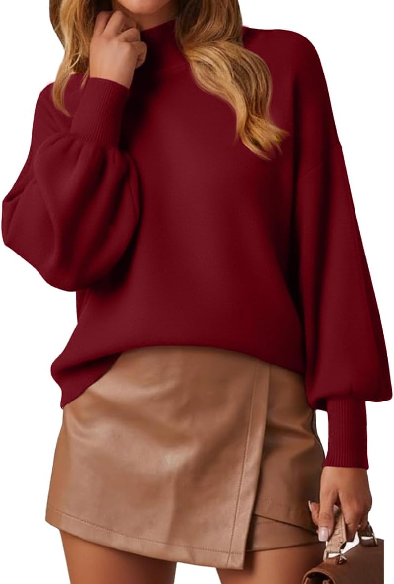 WEACZZY Women's Mock Neck Lantern Sleeve Lightweight Sweater
