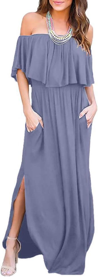 LILBETTER Womens Off The Shoulder Ruffle Maxi Dress Review