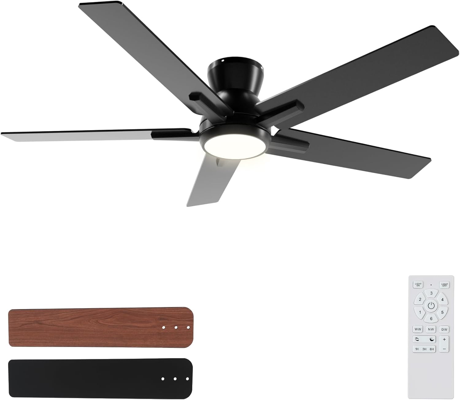 52 Inch Black Flush Mount Ceiling Fan with Lights and Remote
