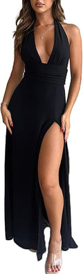 Ekaliy Womens Sexy Halter Deep V Neck Maxi Dress - Flowy Beachwear