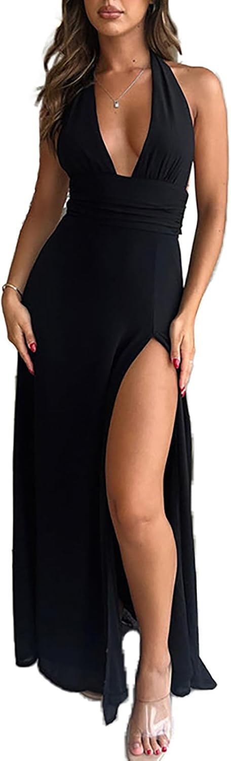 Ekaliy Womens Sexy Halter Deep V Neck Maxi Dress for Elegance