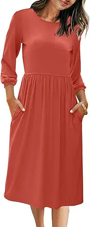 MEROKEETY Women's 3/4 Balloon Sleeve Striped Midi Dress with Pockets