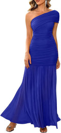 Women's Elegant One Shoulder Long Mesh Ruched Bodycon Dress