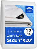 RAINDEWAY 12 Mil Heavy Duty White Tarp 7x20 ft - Thick UV Resistant