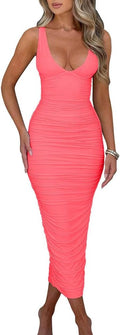 Women's Sexy Ruched Sleeveless Deep V Maxi Dress - Elegant Fit
