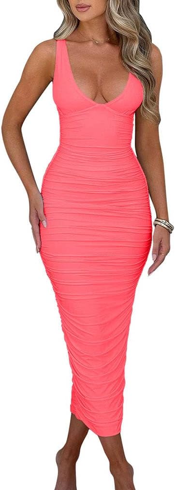 BEAGIMEG Women's Sexy Ruched Sleeveless Deep V Maxi Dress