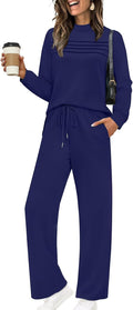 Two Piece Sets for Women Long Sleeve Lounge Set - Wide Leg Crop Pants