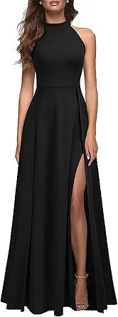 MUSHARE Women's Halter Neck Sexy Split Cocktail Maxi Dress