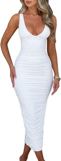 BEAGIMEG Women's Ruched Sleeveless Deep V Maxi Dress - Flattering