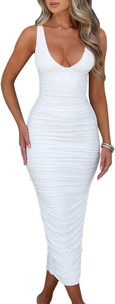 BEAGIMEG Women's Sexy Ruched Sleeveless Deep V Maxi Dress