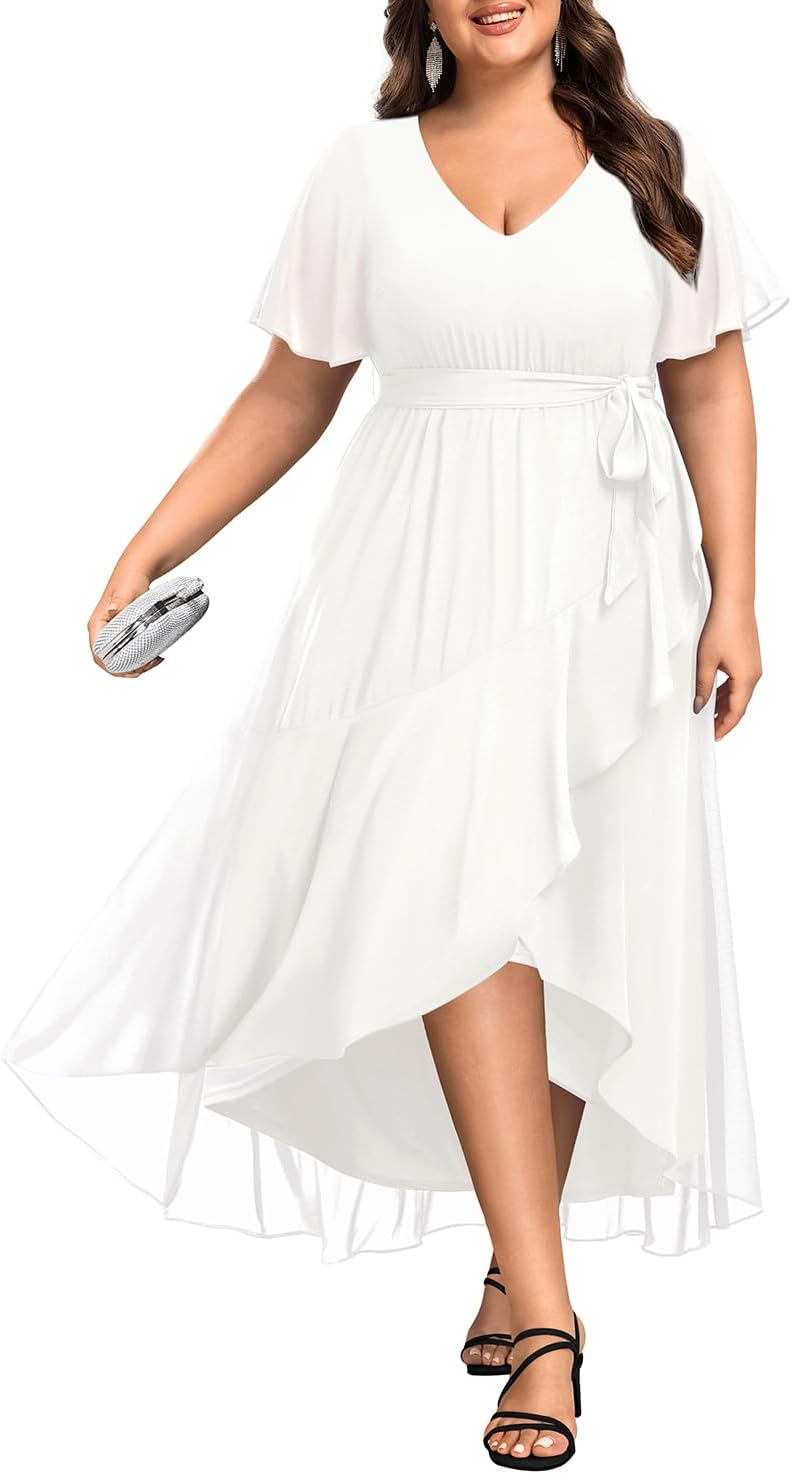 Womens Plus Size Long Dress Chiffon High Low Split Ruffle Evening