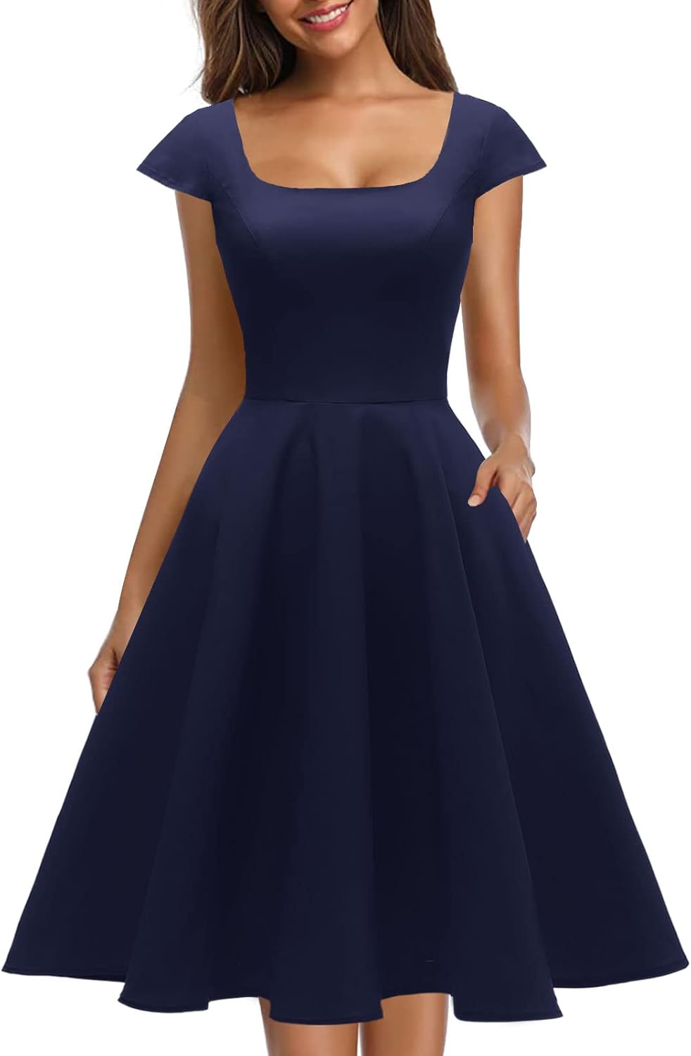 PUKAVT Women's Cocktail Party Dress with Cap Sleeves and Pockets