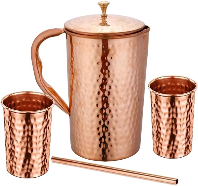 Taluka Handmade Copper Hammered Water Pitcher With Tumblers