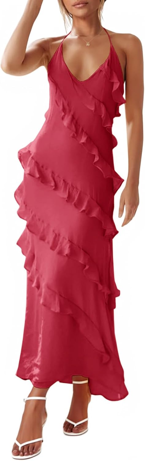 Womens Sexy Chiffon Halter Maxi Dress with Ruffle Detail