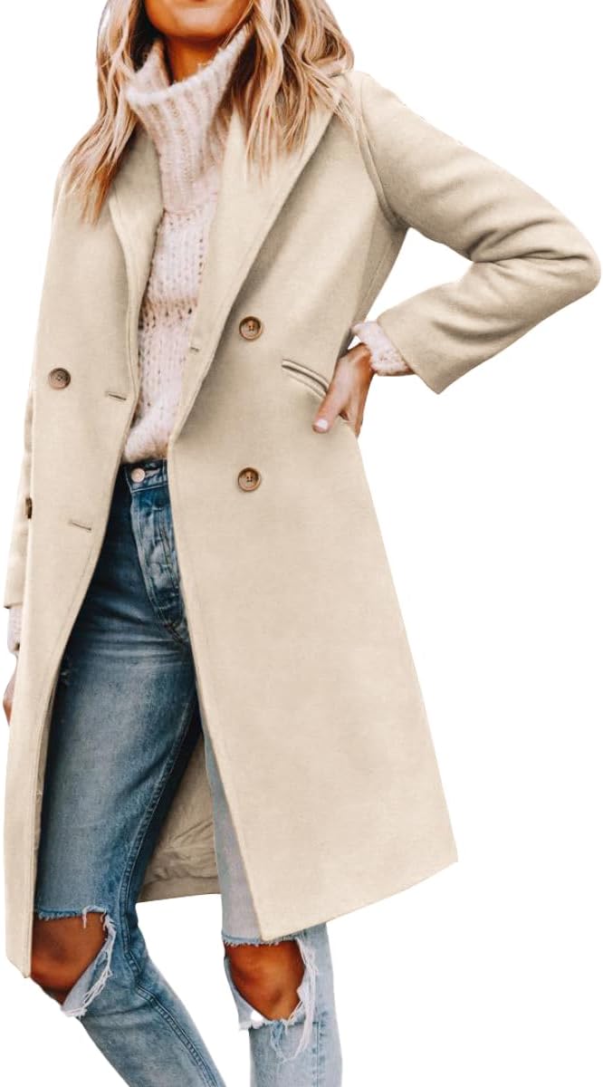 Yousify Womens Notched Lapel Collar Double Breasted Pea Coat