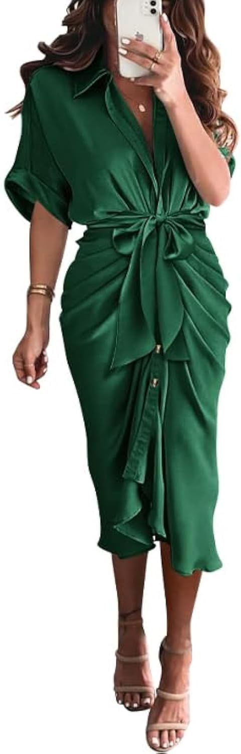 BTFBM Women Button Down Ruched Shirt Dress for Summer Events