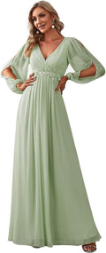 Ever-Pretty V Neck Long Lantern Sleeve Chiffon Evening Dress