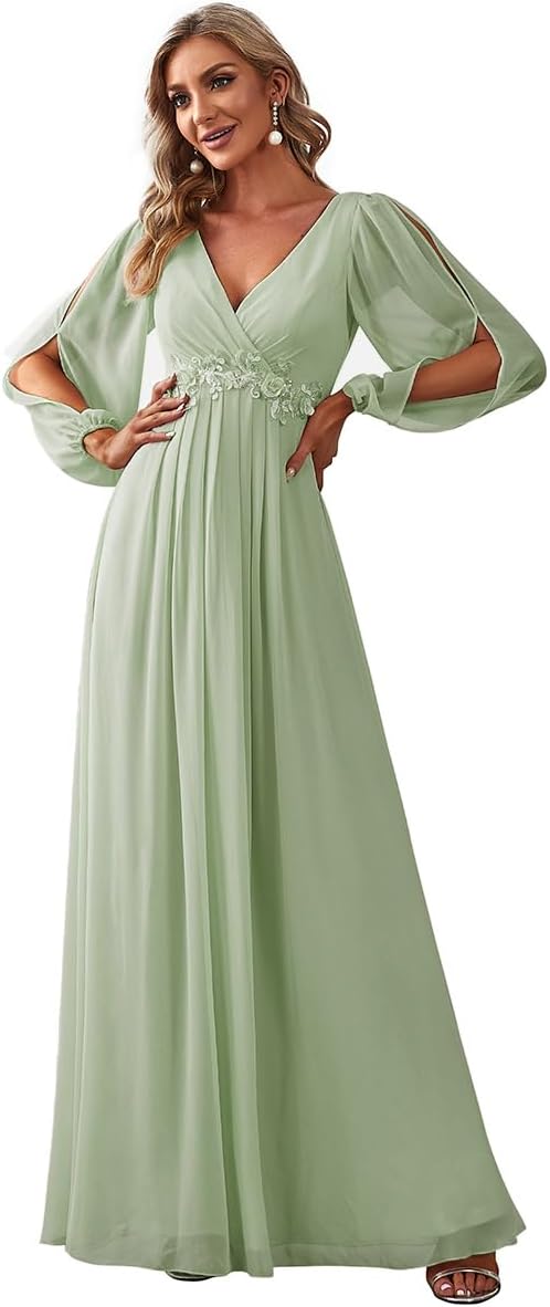 Elegant V Neck Long Lantern Sleeve Floor Length Dress