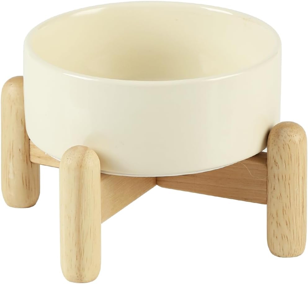 Ceramic Raised Pet Bowl Set, Elevated Wooden Stand, Weighted Dishes - Havniva