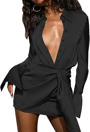 SHESEEWORLD Women's Sexy Long Sleeve V Neck Satin Mini Dress