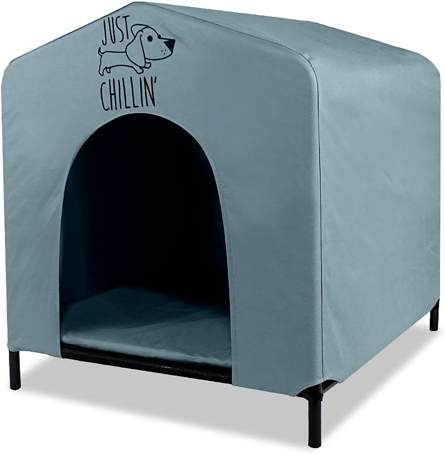 Portable Elevated Pet Shelter by Floppy Dawg - Water Resistant Oxford Fabric - Easy Assembly - Lightweight