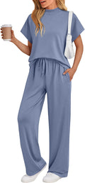 Womens Mock Neck 2 Piece Lounge Set - Loose Wide Leg Summer Fit