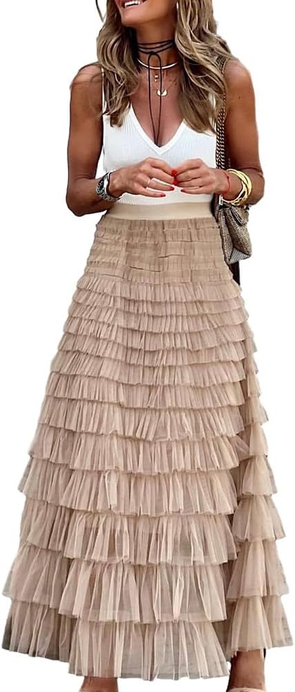 Trendy High Waisted Long Tulle Skirt for Women Fluffy A Line