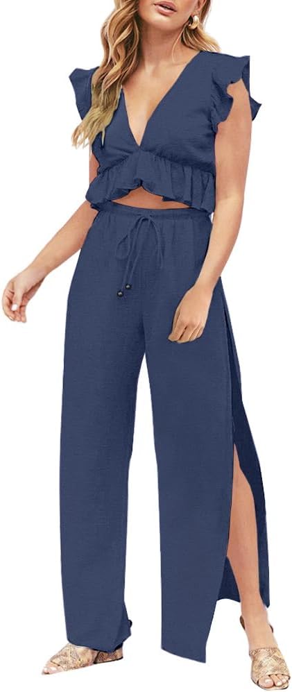 FANCYINN Womens 2 Pieces Outfits Deep V Neck Crop Top Set