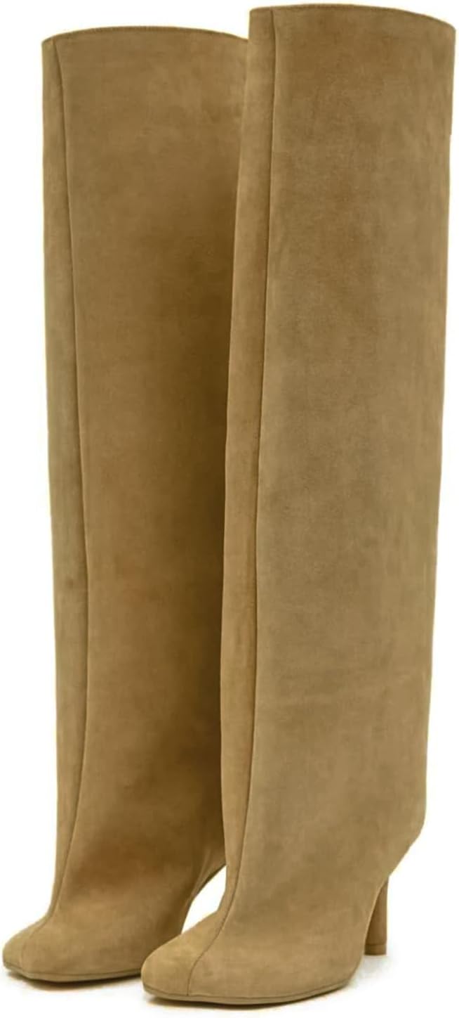 Knee High Boots for Women Faux Suede Wide Calf Square Toe